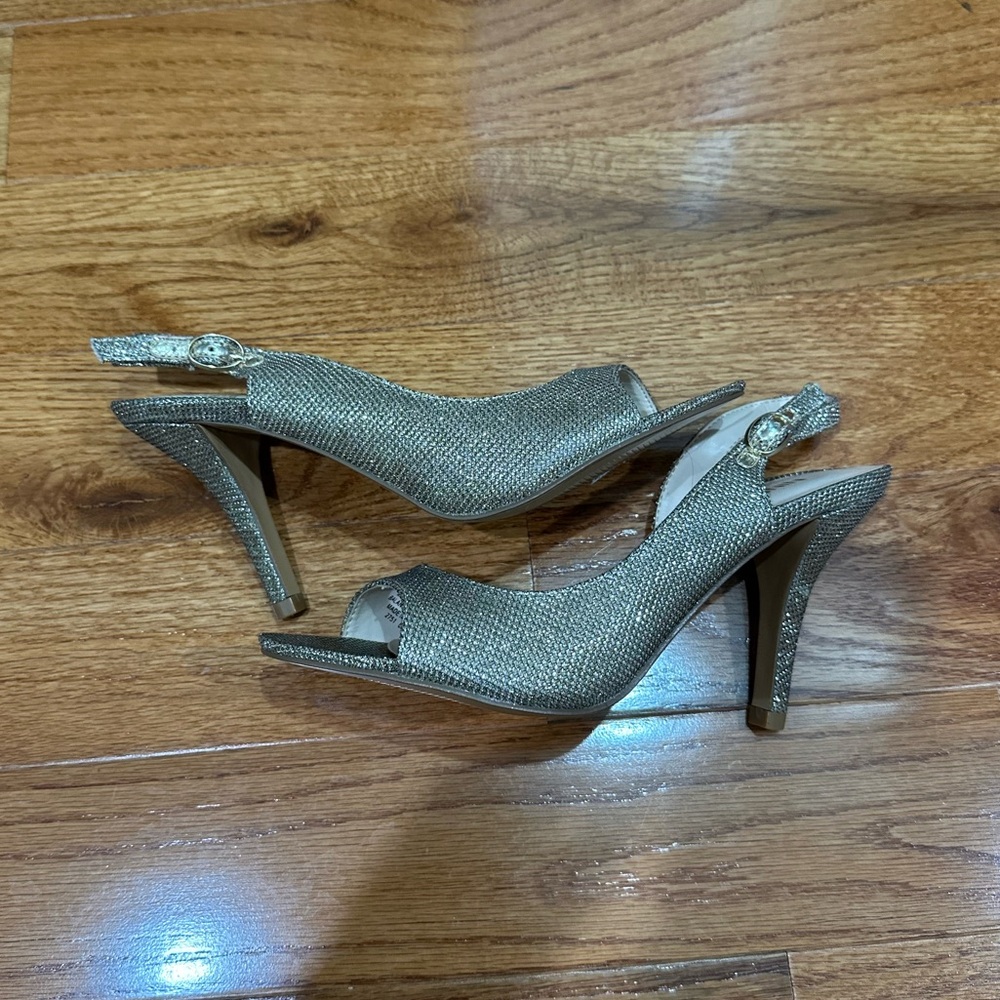 Nine West Silver Peep-Toe Slingback Heels - Picture 2 of 5